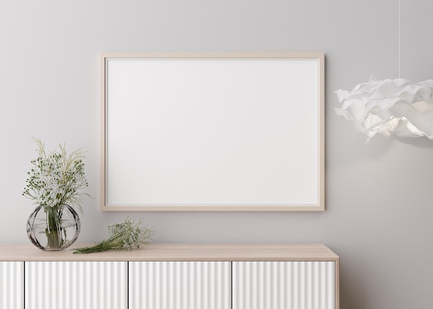 Photo empty horizontal picture frame on white wall in modern living room mock up interior in minimalist contemporary style free space for your picture console flowers in vase lamp 3d rendering