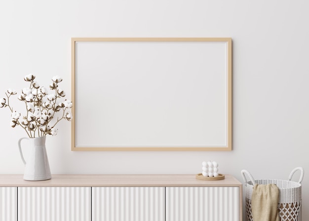 Empty horizontal picture frame on white wall in modern living\
room mock up interior in minimalist contemporary style free space\
for your picture poster console cotton plant 3d rendering