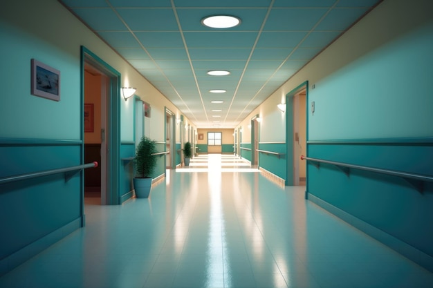 Пустый коридор больницы с ярким освещением, созданным с помощью генеративного AI