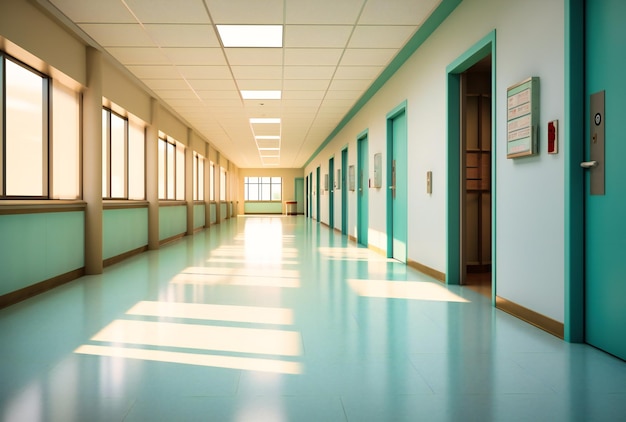 Empty hospital hallway with windows and doors