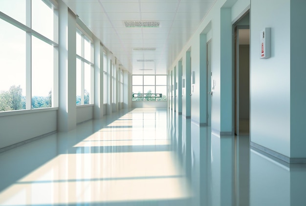 Empty hospital hallway with windows and doors