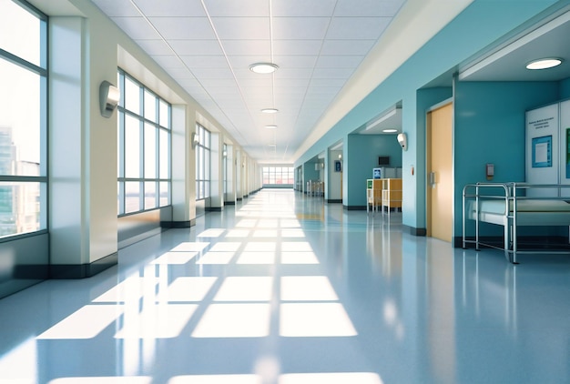 Empty hospital hallway with windows and doors