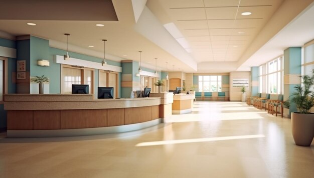 Empty hospital reception desk in waiting area lobby at medical health center variation 4