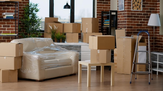 Empty household space with cardboard boxes used for relocation, moving home furniture in carton containers and storage equipment. No people in new apartment flat to move into.