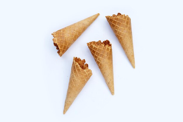 Empty ice cream cone on white background