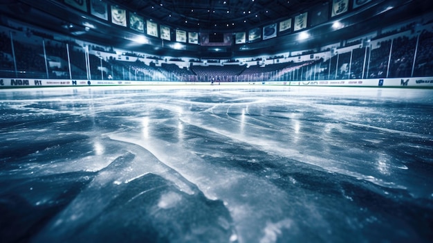 Photo empty ice hockey rink with glare and arena seating