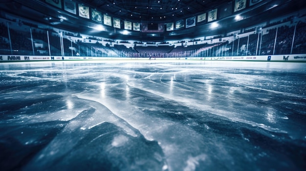 Empty Ice Hockey Rink with Glare and Arena Seating