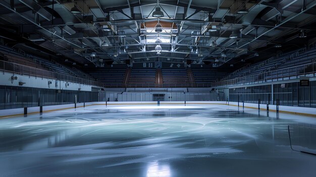 An empty ice hockey rink with the lights on The ice is resurfaced and ready for play