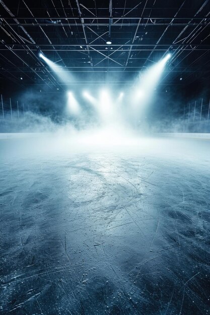 Photo an empty ice rink with spotlights shining on the ice suitable for sports events or winterthemed designs