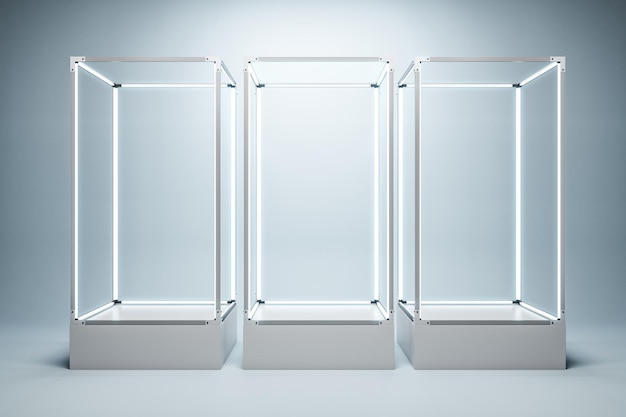 Photo empty illuminated glass showcase with mock up place on white wall backdrop 3d rendering