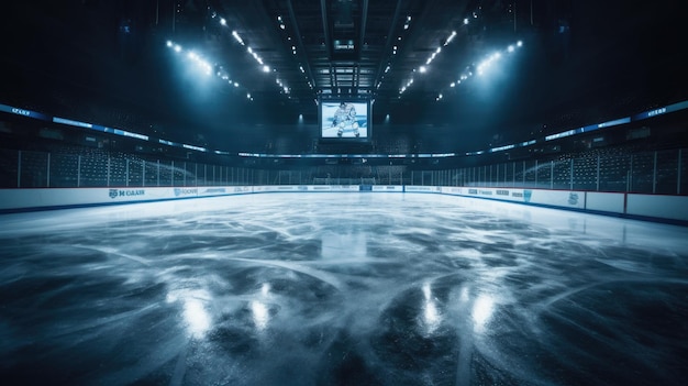 Фото Пустая крытая площадка для хоккея с яркими огнями над головой