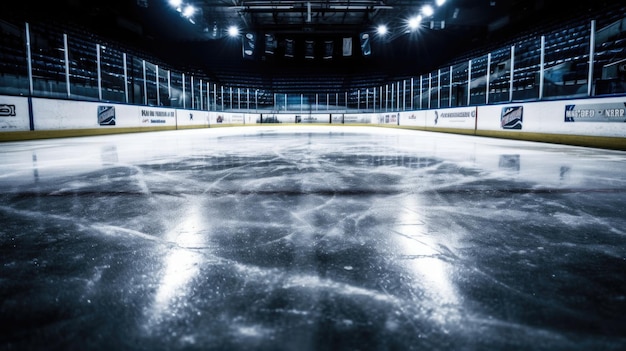 Photo empty indoor ice hockey rink with bright overhead lights