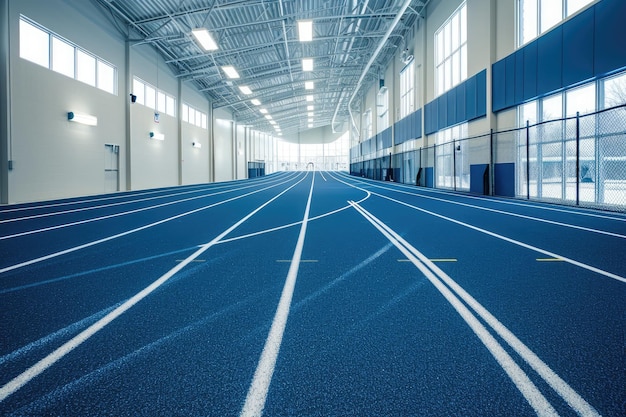 An empty indoor track inside a vast building with a sleek design ready for athletes to train An indoor gym track for runners AI Generated