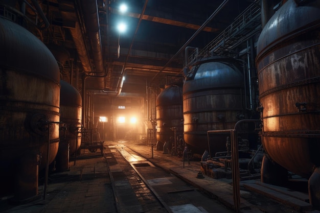 Empty Industrial Factory Boiler Interior at Night