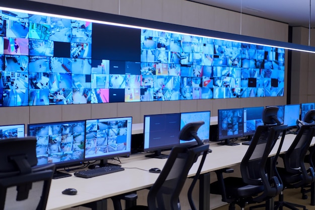 Empty interior of big modern security system control room, workstation with multiple displays, monitoring room with at security data center  Empty office, desk, and chairs at a main CCTV security data