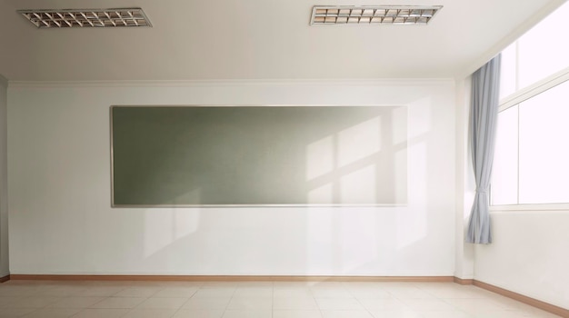 Empty interior of classic school classroom with green Chalk board on the Wall