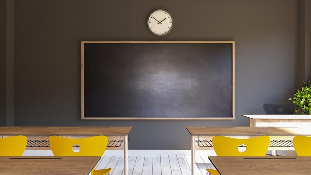 Empty interior of classic school classrooms with black chalk on the dark grey wall and yellow chair 3D rendering