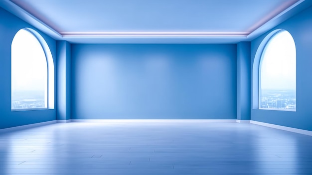 Empty Interior of Contemporary Apartment with Wooden Floor and Blue Wall