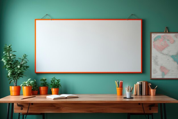 Photo empty interior of a school class with desks space for text on the blackboard