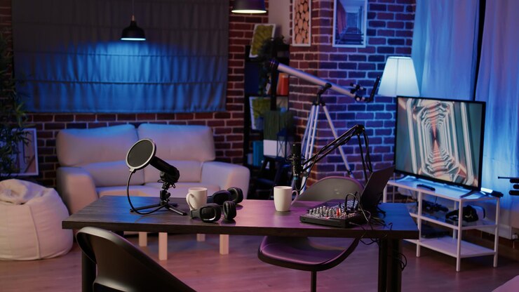 Photo empty internet online radio setup with headphones for producing podcasts and audio recording professional mixer on desk for social media. nobody in podcast home studio with microphone boom arm.