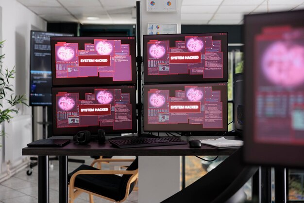 Empty it agency desk table with multiple web developer computers flashing security breach warning on network app. Monitors displaying critical error message showing on screen with system crash alert.