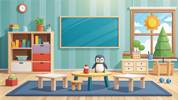 Photo empty kindergarten room or nursery interior design with toys and furniture inside a kids room for games with a blackboard cubes table rocket and penguin cartoon style