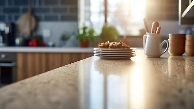 Empty kitchen counter worktop for product display Blurred people in the background Generative ai