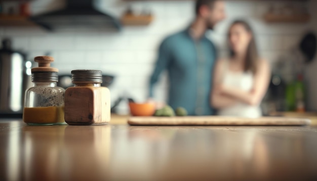 An empty kitchen counter worktop for product display blurred people in the background generative ai