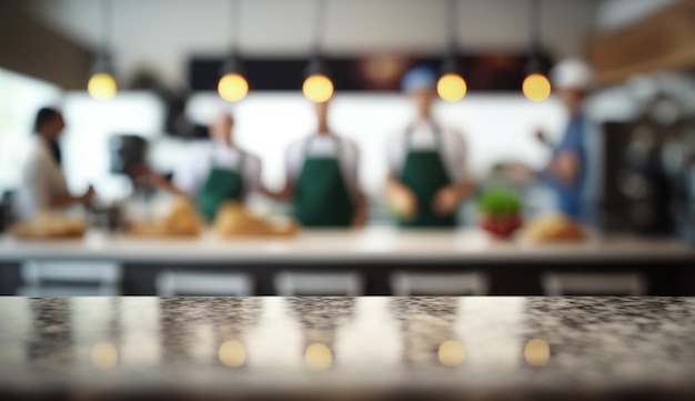 Photo empty kitchen counter worktop for product display blurred people in the background generative ai