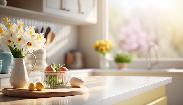 Empty kitchen counter worktop for product display White flowers vase Generative ai