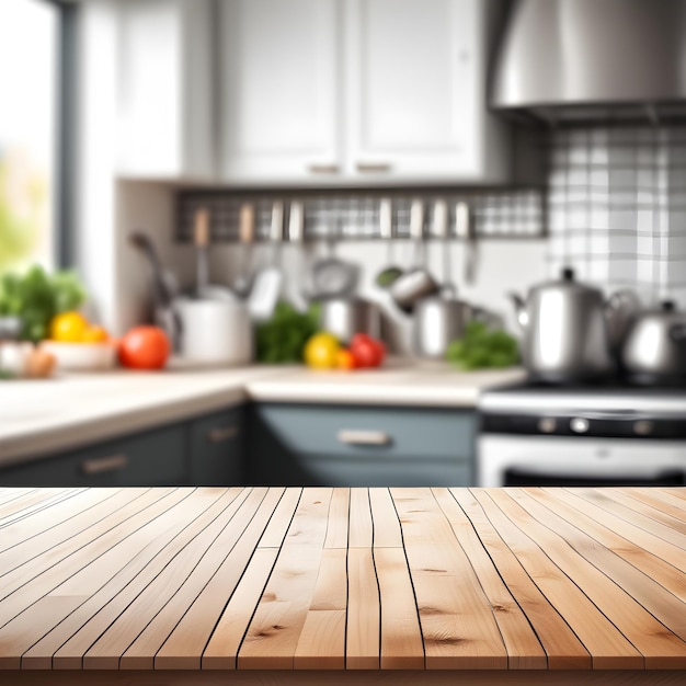 Empty kitchen table and blurred kitchen background Template or mockup for your product