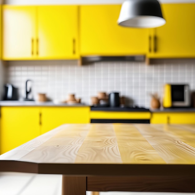 Пустой кухонный стол и размытый фон кухни. Шаблон или макет для вашего продукта