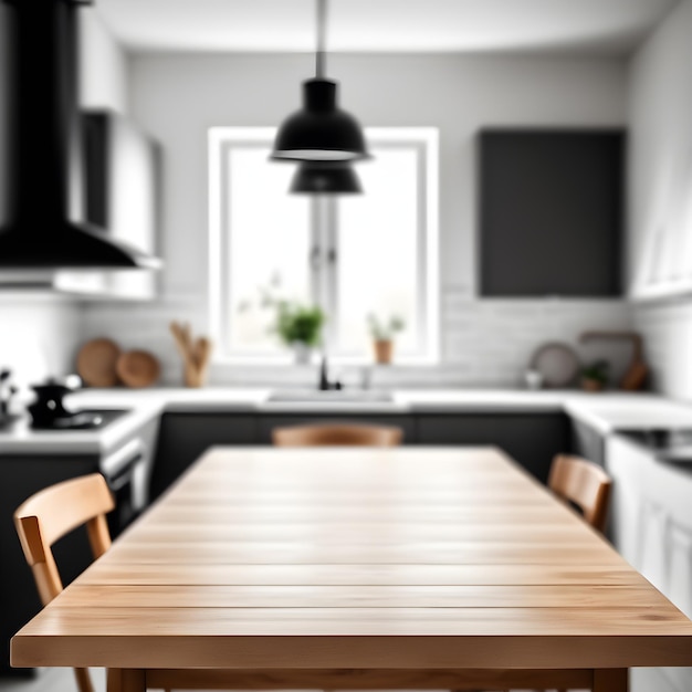 Empty kitchen table and blurred kitchen background