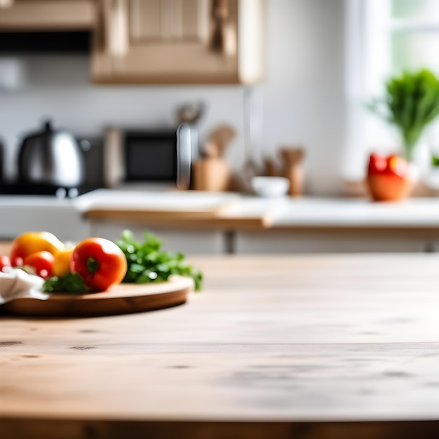 Empty kitchen table and blurred kitchen background