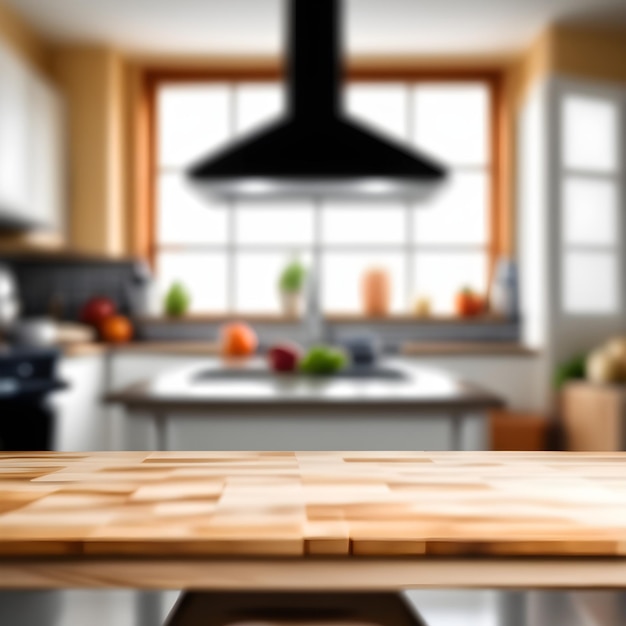 Photo empty kitchen table and blurred kitchen background