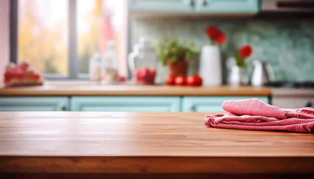 Empty kitchen table with kitchen background blurred isolated table space for product and food Com