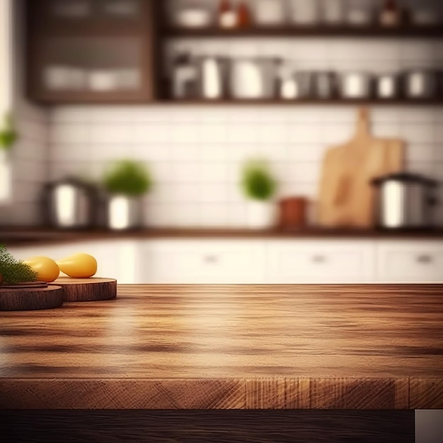 Empty kitchen table with kitchen background blurred. isolated table, space for product and food.