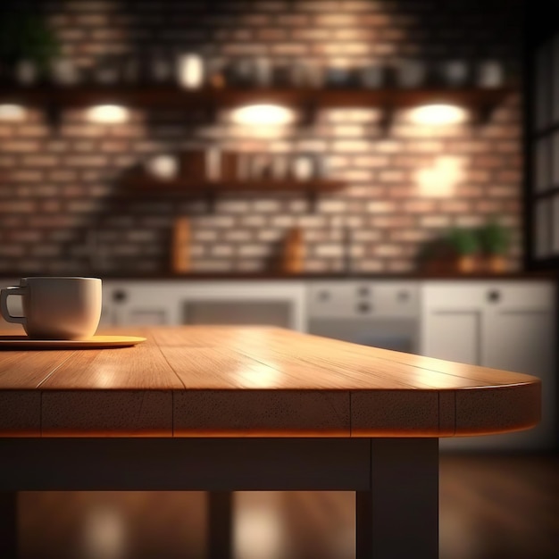 Empty kitchen table with kitchen background blurred. isolated table, space for product and food.