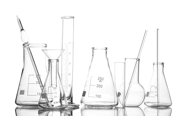 Empty laboratory glassware with reflection isolated on white