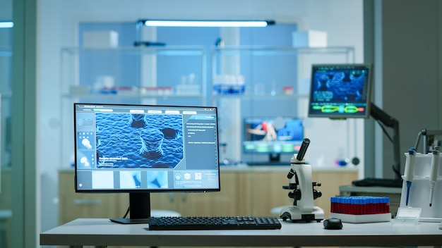 empty laboratory modernly equipped with nobody in it, prepared for pharmaceutical innovation using high tech and microbiology tools for scientific research. vaccine development against covid19 virus.