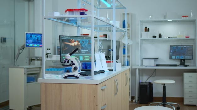 Пустая современная лаборатория, в которой никого нет, подготовленная для фармацевтических инноваций с использованием высоких технологий и инструментов микробиологии для научных исследований. Разработка вакцины против вируса covid19.