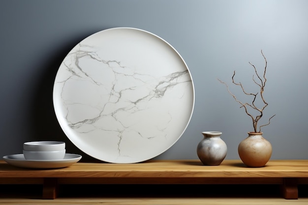 Empty large empty wall room with marble white ceramic plate and bowl on table