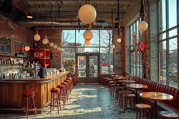 Empty large retro restaurant bar with tables and bar stools in front of windows