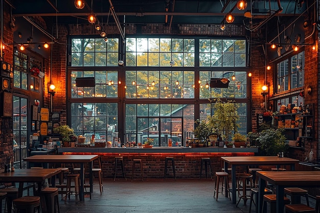 Empty large retro restaurant bar with tables and bar stools in front of windows