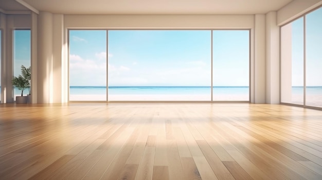 Empty large room in luxury beach house with wooden floor large windows AI generated illustration