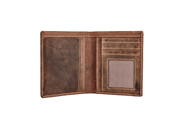 白い背景で隔離の空の革の財布、茶色の革の財布