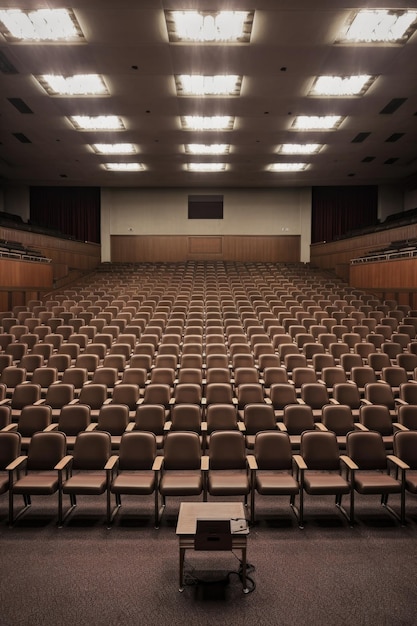 Empty lecture hall with rows of seats and a podium created with generative ai