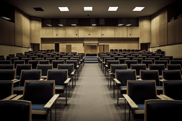 An empty lecture hall with rows of wooden chairs in the background created with generative ai