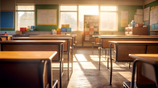 Photo empty lecture room within a school illuminated by sunlight generative ai