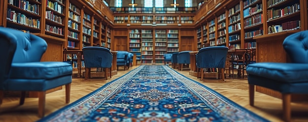 Foto una sala studio vuota della biblioteca con tavoli, sedie e carta da parati